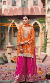 The Royal Contrast Orange and Rani Pink Embroidered Suit